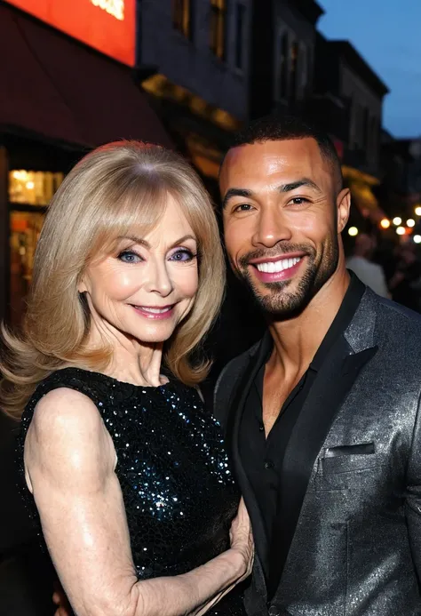 Caucasian actress Nina Hartley and a handsome African American male whose facial features are a combo of Charles Michael Davis + Lucien Laviscount + Omari Hardwick enjoy an evening stroll. Both are smiling. Both are dressed attractively for a night on the ...