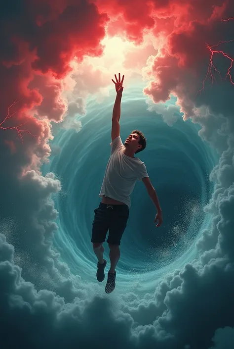 Creates a Young Man Reaching Out to the Clouds, This young man is falling from a height of 1000 meters, focus image on his hand.he&#39;s inside a whirlpool, on your return, has red clouds and lightning Curving Clouds, Make the image realistic. HD 4K

Reali...