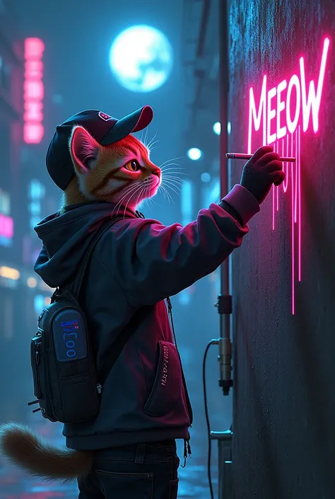 A cyberpunk themed cat in a hoodie spray painting Meeoow CATS on a moonlight wall anime 3D render cap on head