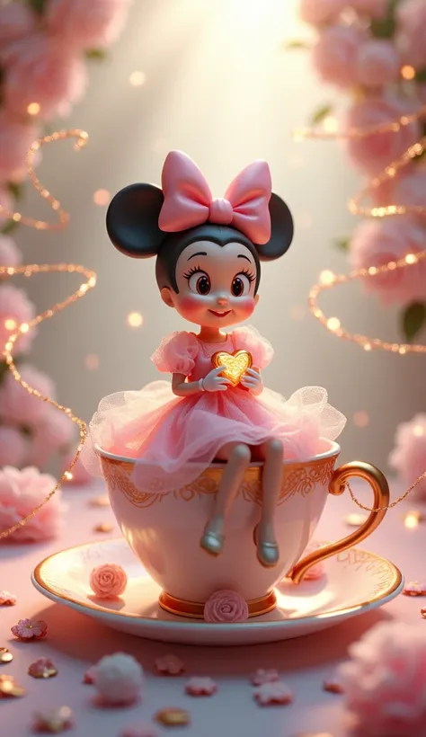 A whimsical scene featuring an animated woman, possibly a version of Minnie Mouse, sitting on a large teacup. She is adorned in a pink dress with a matching bow on her head. Minnie Mouse holds a shiny heart-shaped object in her hand. Gold chains with glitt...