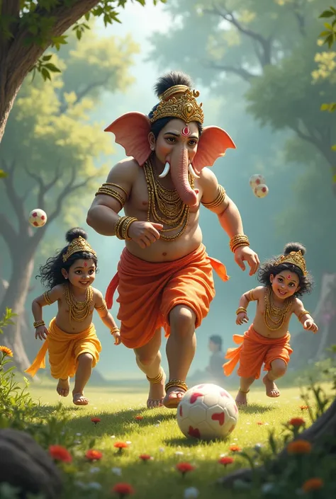 Lord Ganesha playing football with kids lord Shiva  and lord Krishna 