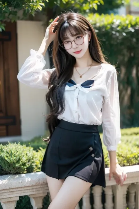 highest quality、masterpiece、high sensitivity、high resolution、detailed description、glasses、mini skirt、wave hair、