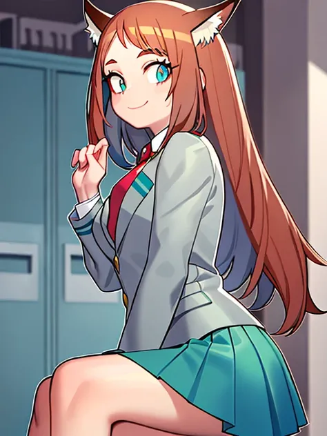 (Girl with brown hair with turquoise tips) (short fox ears) (turquoise blue eyes) (long hair to the legs) (look: happy) (locker room: U schoolgirl uniform.A) (Light grey blouse, Red tie, Dark green skirt) (big breasts) School uniform, shackles, green skirt...