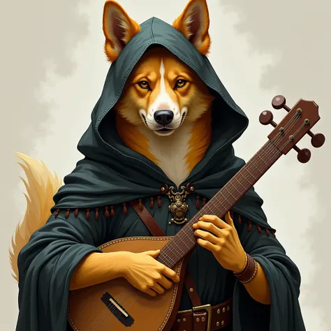 head and shoulders portrait, dnd, dog, bard, hooded, alone, golden fur, black cape, furry, laúd