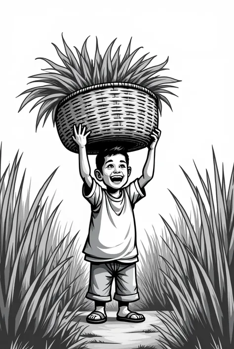 Traditional rottan bag used by the borneo’s paddy field farmer, black and white cartoonish, the farmer lift up the rottan bag
