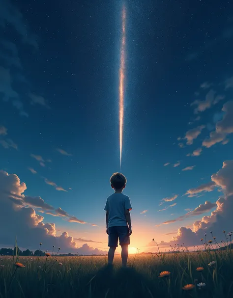 create an image of a boy with his back turned looking at a meteor falling in a starry sky in an open, rural field