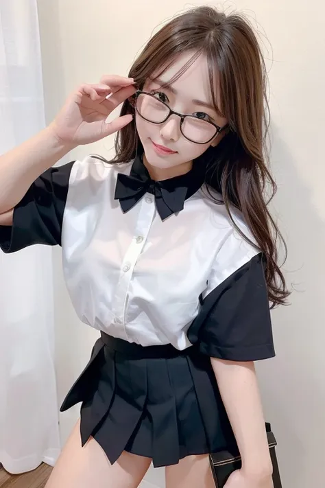 highest quality、masterpiece、high sensitivity、high resolution、detailed description、glasses、mini skirt、wave hair、