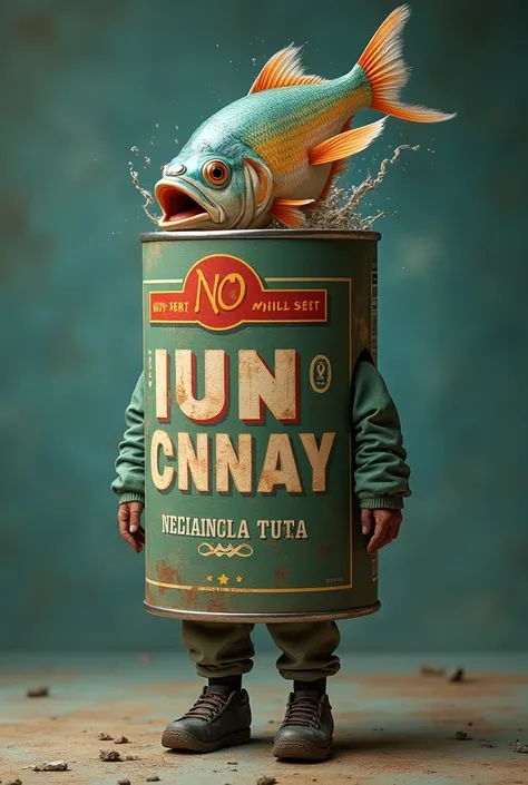 TUNA CAN COSTUME. THAT THE CAN HAS NO NAME AND THAT A FISH COMES OUT OF THE CAN 