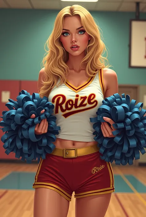 20 year old girl in school gym, inscription on the t-shirt roize, sexual Riverdale High School cheerleader outfit with blue and gold pom poms, medium breast, Radiant skin, dramatic lighting, style pin-up, sexual, surprised, , colorful , Masterpieces, Illus...