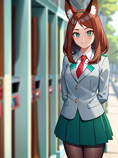 (Girl with brown hair with turquoise tips) (short fox ears) (turquoise blue eyes) (long hair to the legs) (look: happy) (locker room: U schoolgirl uniform.A) (Light grey blouse, Red tie, Dark green skirt) (big breasts) School uniform, shackles, green skirt...