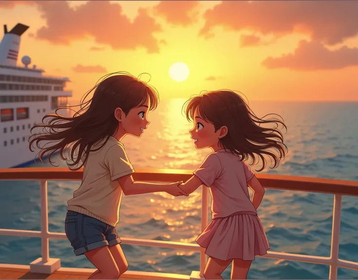 Two sisters, one aged 13 and the other 9, playing joyfully on the deck of a large cruise ship at sunset. The ocean is calm, the sky golden, and the breeze gently blows through their hair. The younger sister leans over the railing, curious about the sea bel...