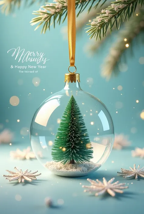 A clear glass ornament with a green Christmas tree inside is suspended from a golden ribbon. Surrounding the ornament are golden snowflakes, and the background is a soft blue with sparkles, creating a festive atmosphere. The greeting Merry Christmas & Happ...