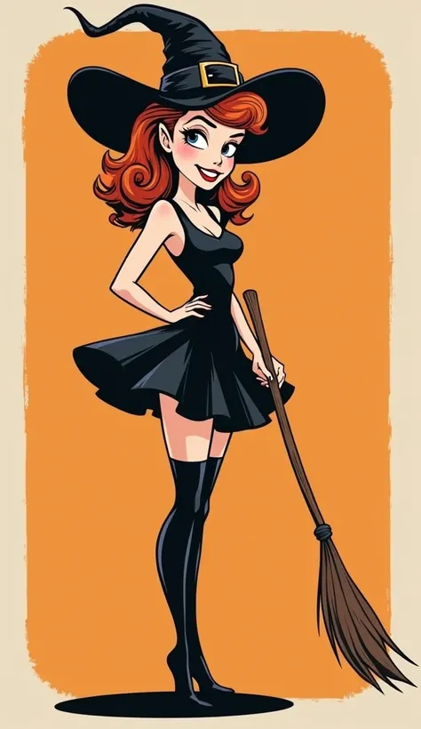 sticker, (vector illustration, vector style, 1990s cartoon style), (black and white and orange),(black inking, flat colours:1.5), retro pinup style, retro pinup rockabilly witch, a 1 cartoon pinup witch,    full lenght, from side, rockabilly minidress, sto...