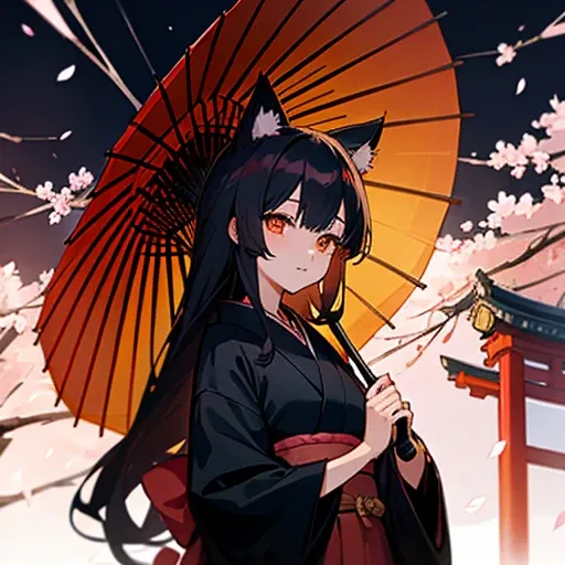 Japan, Japanese style, beautiful girl, Japan人, Black Hair, long hair, Golden Eyes, Cat ear, Black cat, Black kimono, Holding an umbrella, cherry blossoms, night, nightcherry blossoms, beautiful