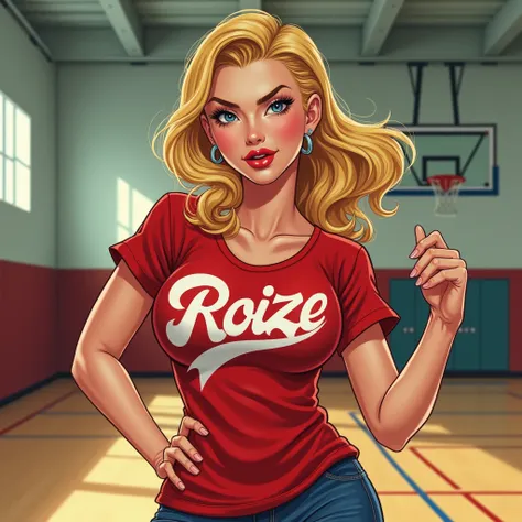 20 year old girl in school gym, inscription on the t-shirt roize, medium breast, Radiant skin, dramatic lighting, style pin-up, sexual, surprised, , colorful , Masterpieces, Illustrated, Radiant skin, detailed face, medium breast. dense body. blonde hair, ...