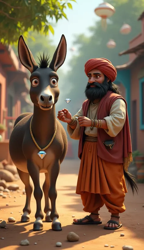 A poor indian potter tied that diamond around the neck of his donkey,

(Image style 3D animation, vibrant, hyper realistic, 8k Ultra HD pixel style, Disney style, Cinema 4D)