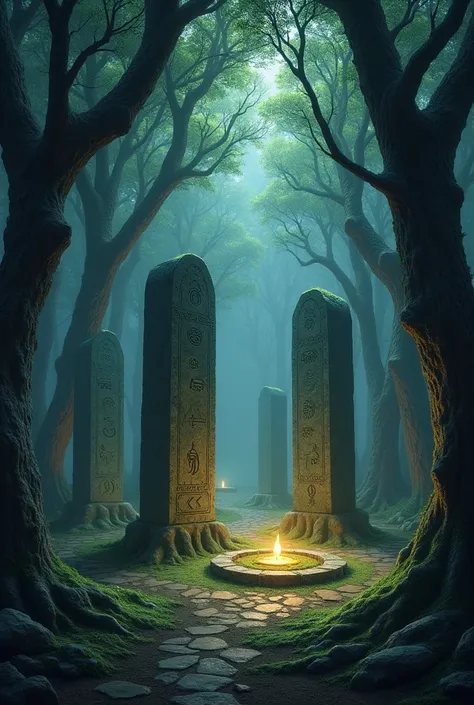 A dark and magical forest with a circle of very ancient stones. Symbols are engraved on stones and on certain trees. Bright will-o&#39;-the-wisps move between the trees. 