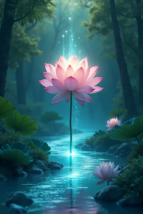 The lotus flower shone with a blinding light, and the little thread of water began to grow, forming a stream that slowly spread out towards the lake bed around trees