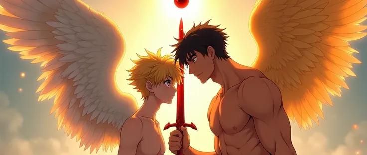 Two males.90s anime styled sensual bishounen illuminated transparent winged Angel boy. Uke. Skinny body . Sadly smile face . 90s anime naked young Boy with Nice butt Holding a blood-made sword and a blood-made sphere is floating around over his head. With ...