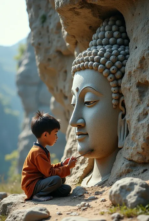 A boy carved a Buddha image on a rock.