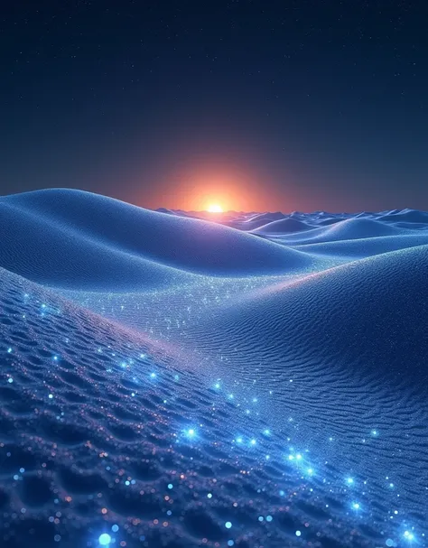 night of the desert made of crystal, reflecting the light of the stars, sun appears from the horizon, sand patterns beautifully