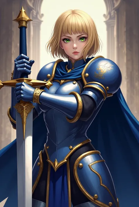 Saber / Artoria Pendragon (Fate/stay night)

    A regal young woman with short, blonde hair styled in a neat bun and piercing green eyes. She’s dressed in a blue and silver medieval-style armor with a flowing cape. Her expression is stern and noble, and s...