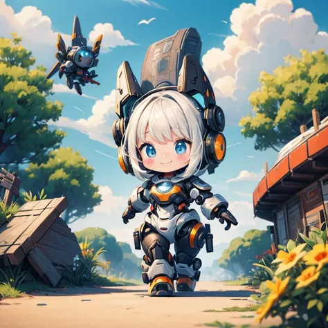 masterpiece，Best image quality，Little，very cute，A girl who is an anthropomorphized realistic robot，Fight the enemy，Fancy explosions，The best smile，Detailed park background，