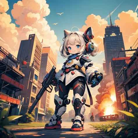 masterpiece，Best image quality，Little，very cute，A girl who is an anthropomorphized realistic robot，Fight the enemy，Fancy explosions，The best smile，Detailed park background，