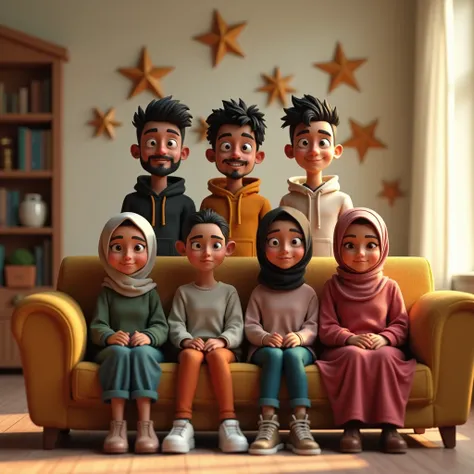 four cute men (wearing hoodie, black hair, wearing hoodie, very little beard) standing behind sofa, three cute women (wearing hijab, casual fashion and sneakers) sitting on a sofa, a cute hijabless woman wearing jacket sitting on a sofa, emotionally connec...