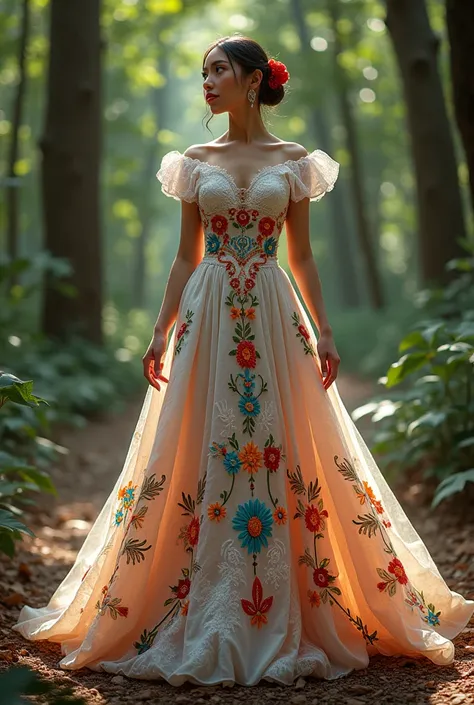 Generate me a dress design for a 1, elegant and modern fairy tale, Princess style design with Mexican and full body tints