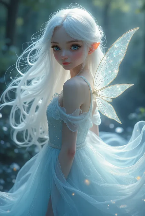 The fairy has a delicate and charming appearance, with long, flowing white hair that shines with a faint silvery sheen. Her eyes are a clear, sparkling blue, and its translucent wings are small and iridescent, with a soft shine. She wears an ethereal dress...