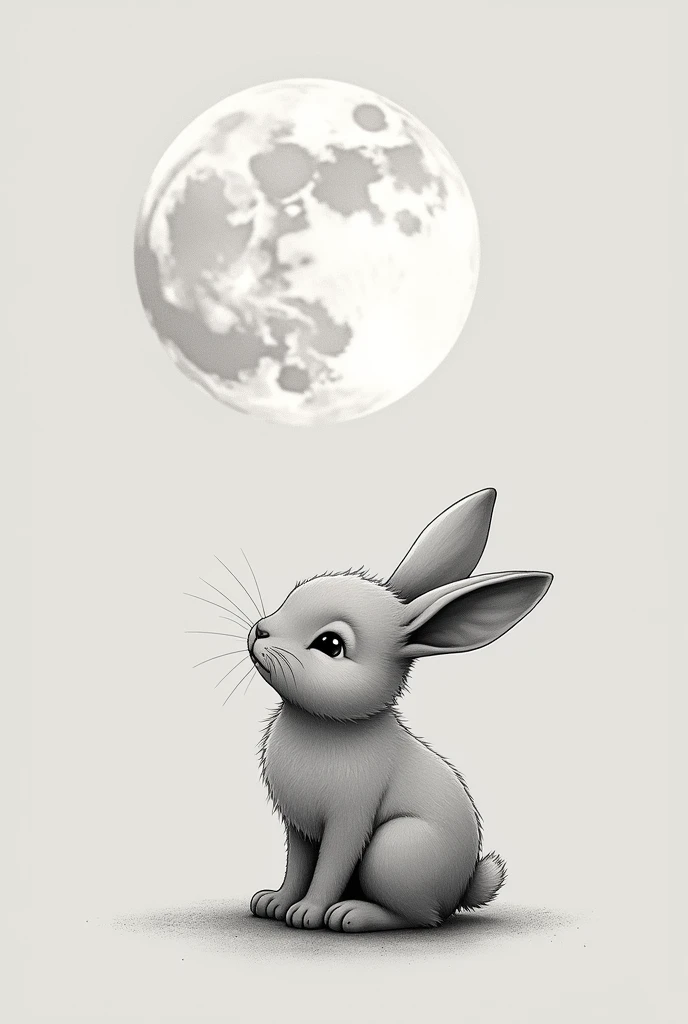 Minimalism tattoo, Small cute bunny looking up at full moon. Looks like it wants to be up on the moon because it’s shiny and beautiful. Black and white 