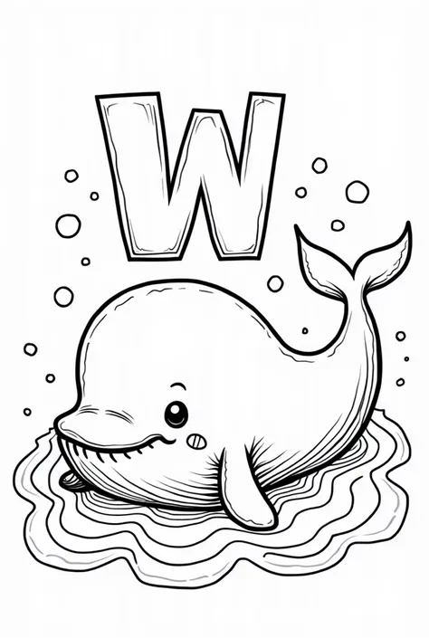 simple line drawing, cartoon, baby whale, ocean in background, large block letter W above the drawing on top half of the page, high contrast, coloring book style, black and white, no color, drawing should fill the page 