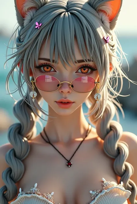 Big chest, Earrings, Crescent Shaped Earrings, Crystal Earrings, Cat ear, chest, Amber Eyes, The whole face turns red, Close-up, Wearing pink glasses, butterfly hair accessories, Hairpin, Half-rim glasses, Sparkle Effect, 8k octane, Diversity, Gentle color...