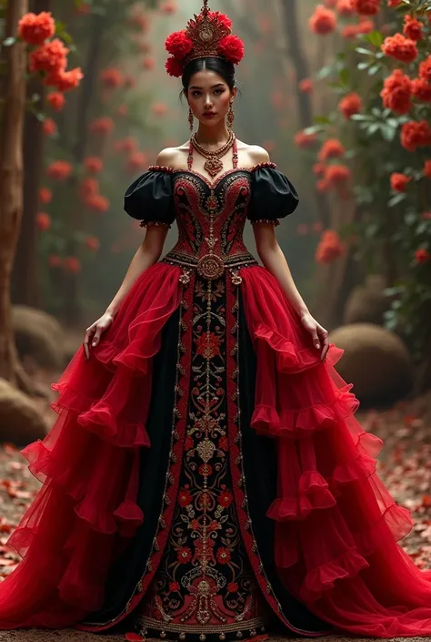 Generate me a dress design for a 1, elegant and modern fairy tale, Princess design with Mexican tints where red and black colors predominate and elements of charro and full-body costumes