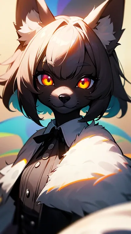 masterpiece,insanely detailed, absurdres, 16K, a girls, kemono, furry face,multicolored hair, dark skin,luminous eyes, with sparkling eyes,  narrow eyes,rainbow eyes, (dog_girl, anthro furry:1.1),(anthro_female_dog:1.1), fluffy fur, flat chest,white backgr...