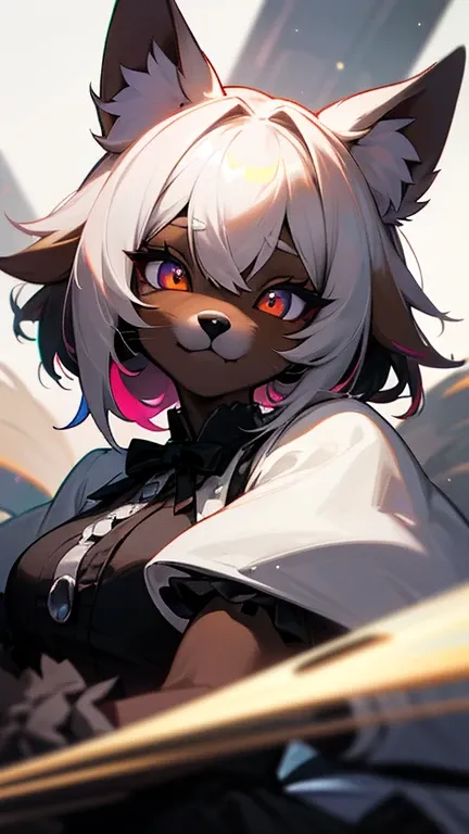 masterpiece,insanely detailed, absurdres, 16K, a girls, kemono, furry face,multicolored hair, dark skin,luminous eyes, with sparkling eyes,  narrow eyes,rainbow eyes, (dog_girl, anthro furry:1.1),(anthro_female_dog:1.1), fluffy fur, flat chest,white backgr...