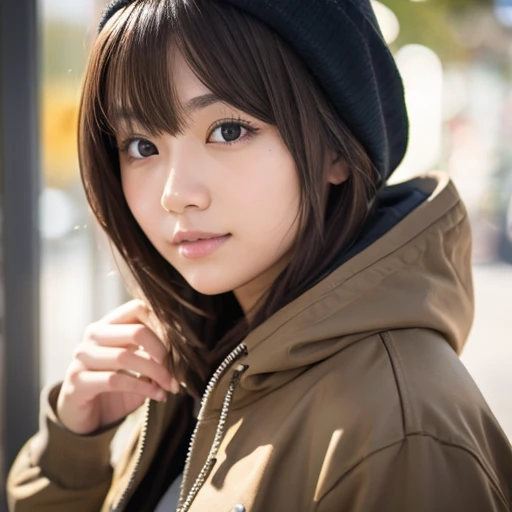 A japanese girl with hoodie, brown short cut hair, big tits, 1girl, Surrealism, high detail, Realism, UHD, super detail, textured skin, high details, high quality
