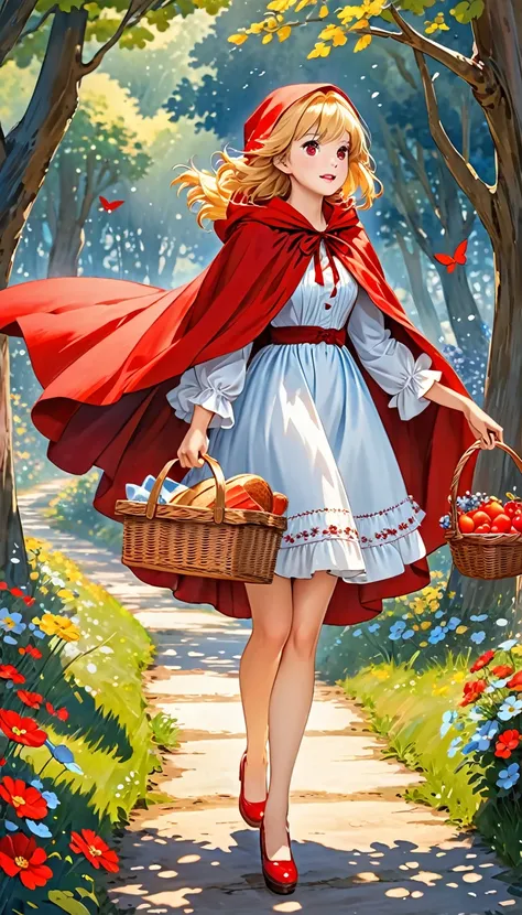 little red riding hood in fairy tale，Red eyes，blond hair，Wearing a red short cloak，Wearing a cape，The cloak fluttered greatly in the wind。Carrying a wooden picnic basket in the left hand，There&#39;s bread inside、fruit，Picnic basket covered with food in red...