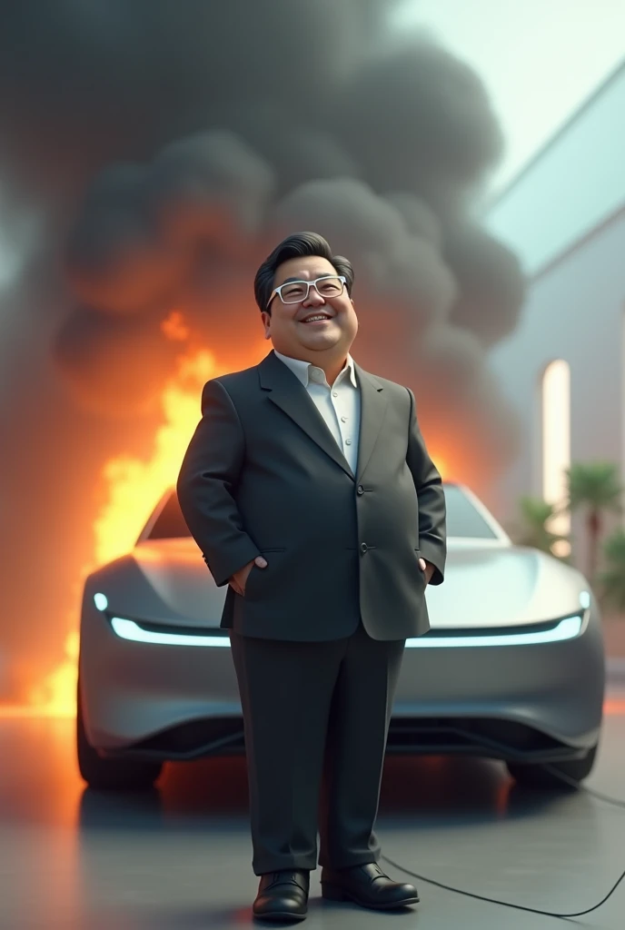 A cool, state-of-the-art white EV, plugged in and charging, smoke rising from the EV, seems to be on fire, a man leans back in front of it with his hands on his hips and smiling proudly, the man is wearing a suit, a plump middle-aged Asian man with short b...