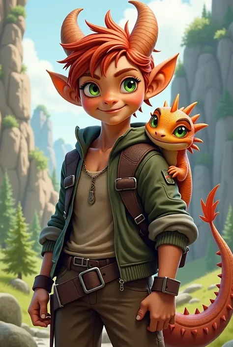 The dragon has a young and energetic appearance, with short, reddish hair, often tied in a ponytail. His eyes are a vibrant green, reflecting a mixture of courage and curiosity. She wears practical and sturdy clothes, adapted for adventure, and carries a s...