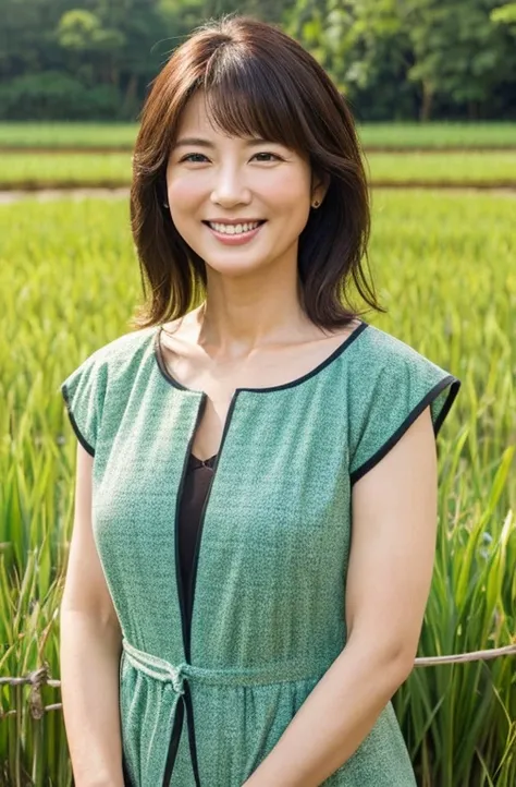 ((Highest quality)), ((masterpiece)), (detailed),Perfect Face,Japanese,Mature Breasts, smile, 40-year-old woman、Realistic-oriented、Emphasize the chest、Shoulder、Beauty Witch、Enchanting、Big Breasts、Paddy field