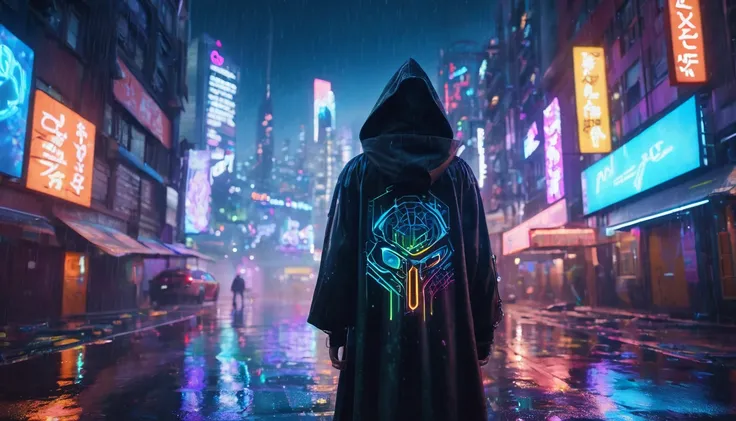 cyberpunk city hacker :: neon graffiti, augmented reality glasses, hooded cloak :: rainy night :: Epic cinematic brilliant stunning intricate detailed matte painting, deep color, fantastical, intricate detail, splash screen, complementary colors, fantasy c...