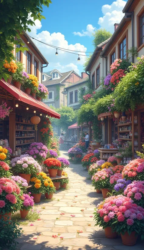 A flower shop filled with colorful flowers、Outside, the sky is blue