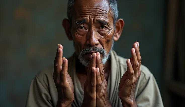 (photorealism:1.2),a poor man, Indonesian traditional clothing raising hands to pray sad expression 