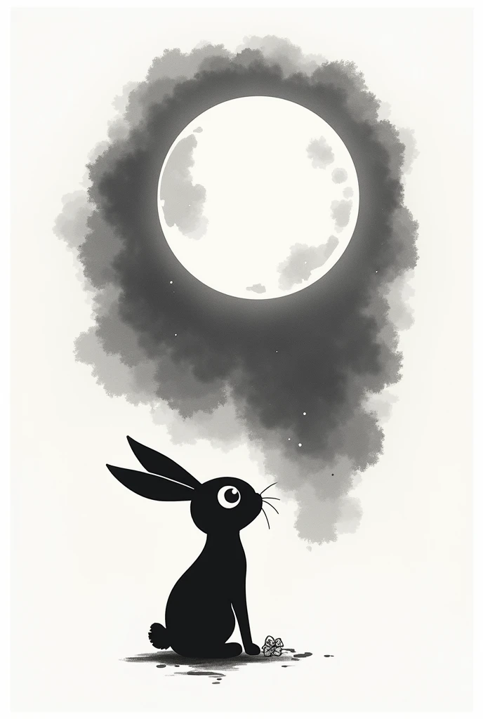 Minimalism stencil tattoo, Small cute bunny looking up at full moon. Looks like it wants to be up on the moon because its shiny and beautiful. Black and white