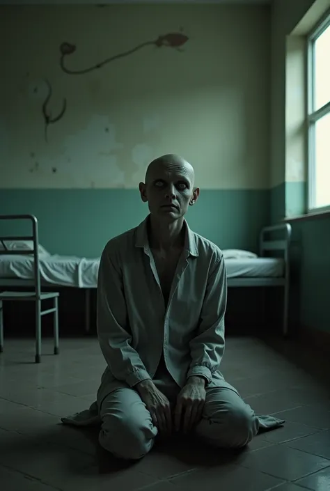 "Create an unsettling image of Caleb sitting alone in a psychiatric hospital room. Caleb should be bald with an unsettlingly blank expression, lacking eyelids, revealing his eyes as emotionless, glossy orbs. His posture should be unnervingly still, and his...