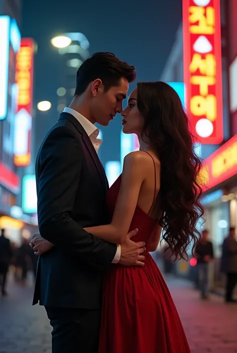 Create an image of a beautiful Korean (naughty man) in a suit and 1 next to a beautiful Brazilian woman in a dress and 1, with big hair, that hits the knee. Posing for a photo in Seoul, South Korea.