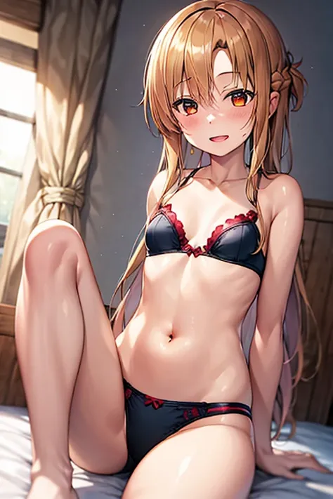 ((Highest quality)), ((masterpiece)), (be familiar with), Perfect Face, indoor, Bedroom, Watching the audience,
One woman, Yuuki Asuna,
Open Mouth, Ecstatic expression, blush, smile,
Small breasts, Flat Chest, , , child, Girl,
Long Hair, Long Hair,
Leg spr...