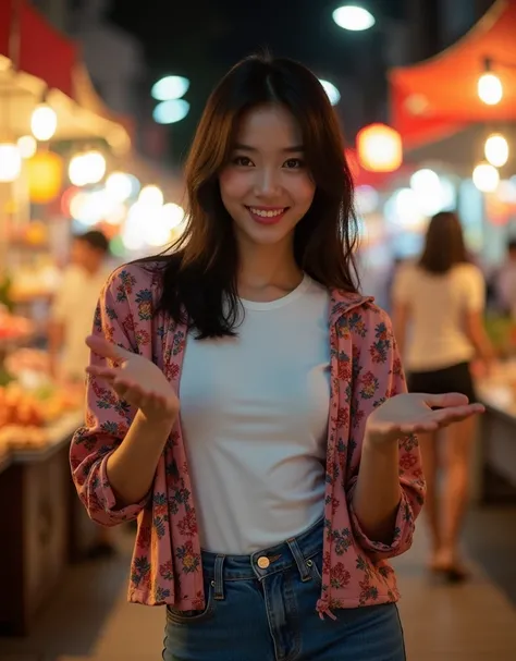 (Realistic), Glamour Photos, Beautiful Asian woman, Shoulder-length black hair,  smile, He is wearing a plain white T-shirt and a floral jacket, Short jeans and shoes (night market) setting, Exquisite detail, (Brandon Wuerffel Style), Soft lighting, Dramat...